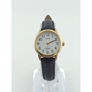 Timex Indiglo Watch Women 25mm Gold Tone White Dial - New Battery & Leather Band